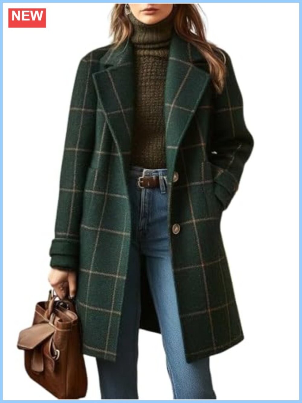 Women's Wool Blend Notched Collar Plaid Trench Coat Long Sleeve Button Down